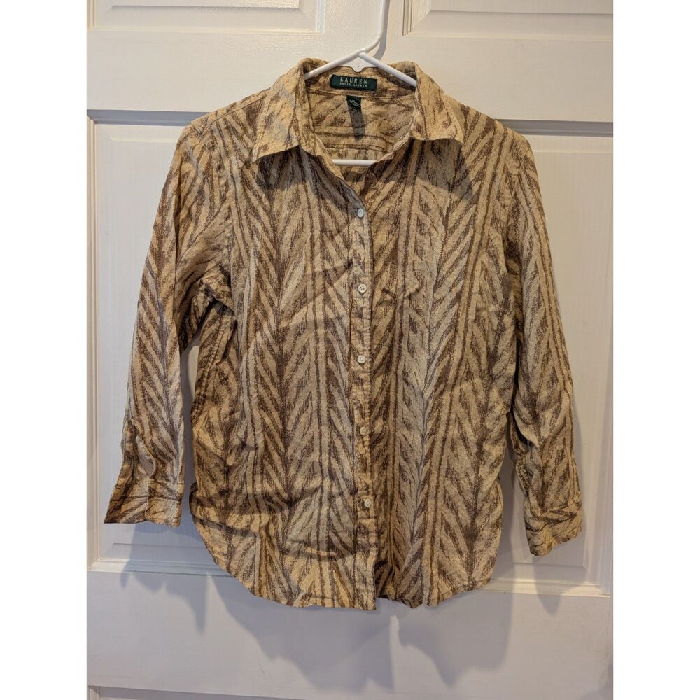 Lauren Ralph Lauren 100 Linen Button Down Cream Brown M